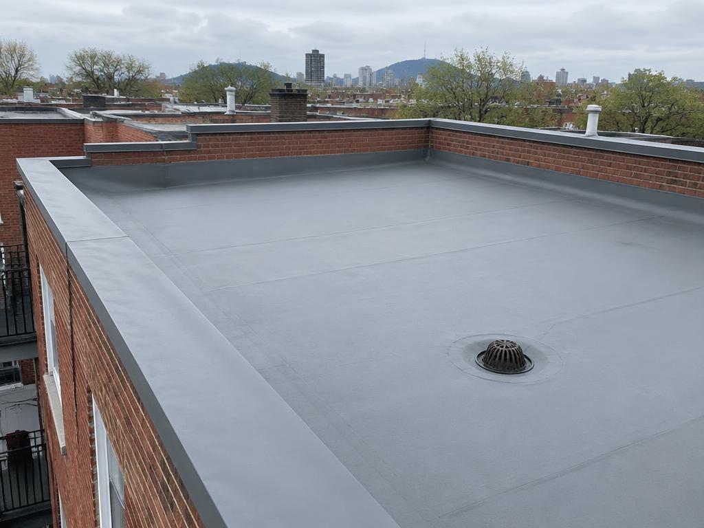 Toit plat d'un plex montréalais recouvert d'une membrane élastomère, avec drain
